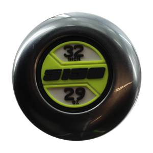 End cap view of a black baseball bat with 5150 logo, 32 inch, and 29 oz markings.