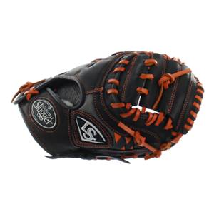 Side view of a black Louisville Slugger baseball glove with orange stitching and LS logo.