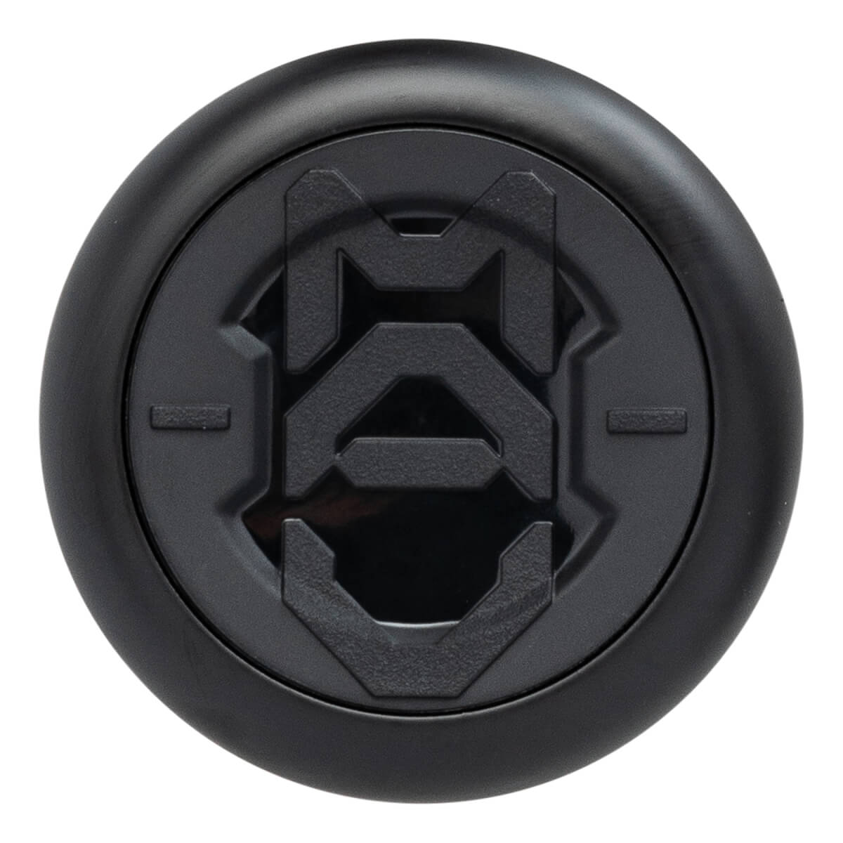 Top-down view of the black circular end cap featuring a raised, textured MAV logo centered in a matte finish.