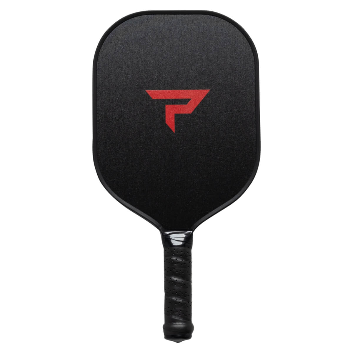Front view of a black pickleball paddle with a red P logo and textured surface.