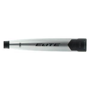 Side view of a silver baseball bat with ELITE branding and a black end cap.