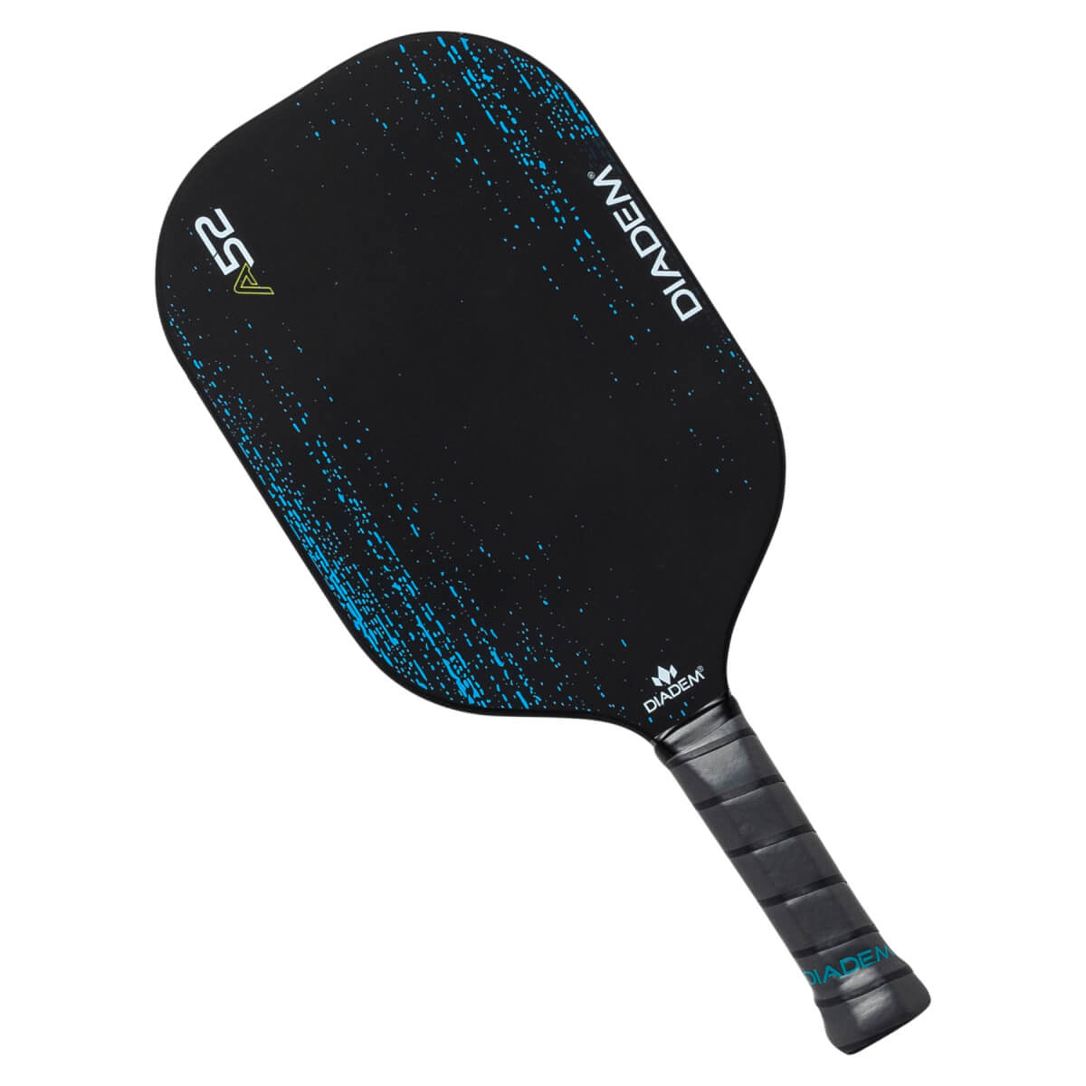 Top-down view of a black Diadem A52 pickleball paddle with blue speckle design and black grip.