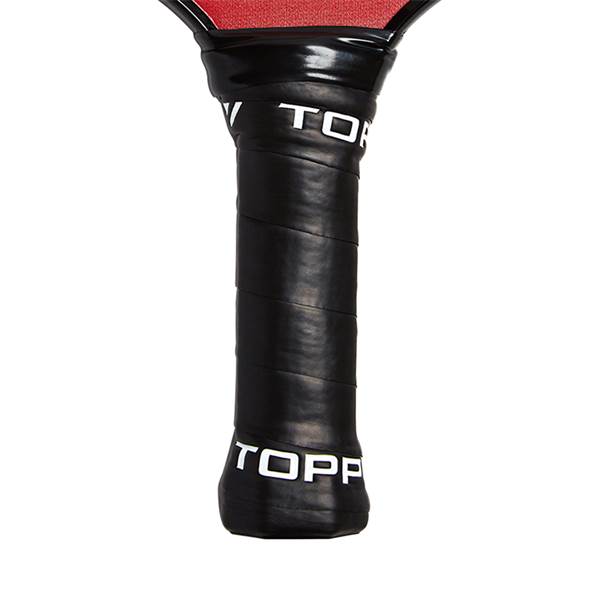 Close-up of a black pickleball paddle grip with white TOPP branding.