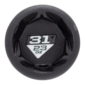 Top-down view of a black baseball bat with a textured end cap and a white diamond logo showing 31 23 OZ.