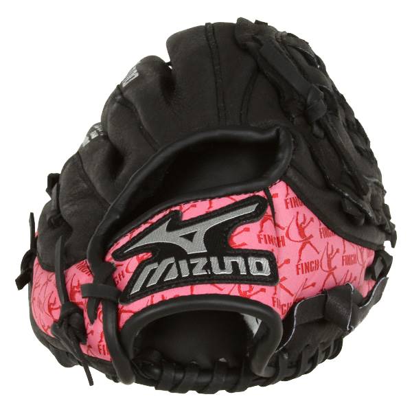 Front view of a black youth softball glove with pink FINCH pattern and Mizuno logo.