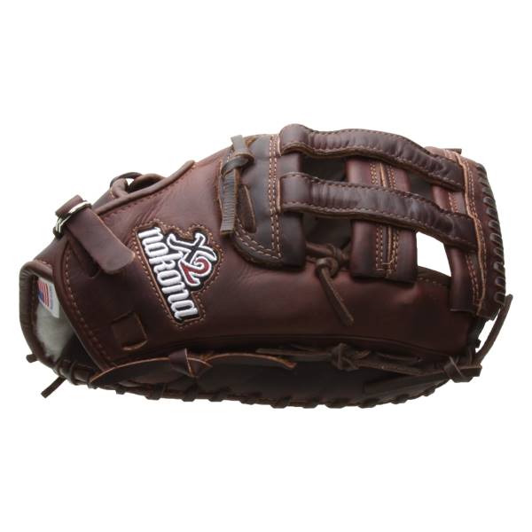 Side view of a brown baseball glove with Nokona X2 branding and a webbed pocket.