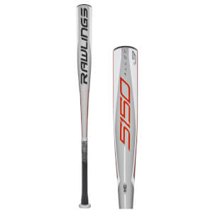 Front view of a silver baseball bat with red accents, RAWLINGS text, and a black grip.