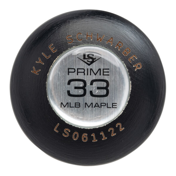 Top-down view of a black baseball bat end with a silver LS PRIME 33 MLB MAPLE insert and gold embossed KYLE SCHWARBER.