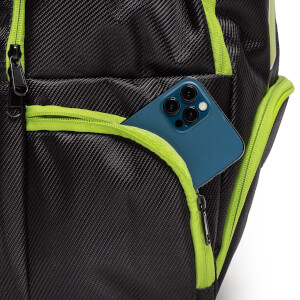 Close-up of a black pickleball backpack with lime green zipper trim and a blue smartphone in a side pocket.
