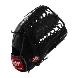 Corner view of a black Rawlings baseball glove with TRAP-EZE text and a red Rawlings logo.