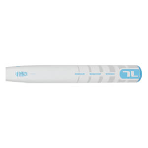 Side view of a white softball bat with light blue TL and USSSA logos and gray horizontal stripes on the barrel.
