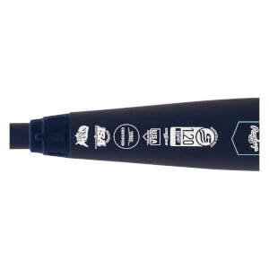 Close-up side view of a navy softball bat with multiple certification logos, FASTPITCH ONLY text, and Rawlings branding.