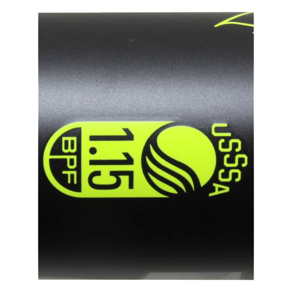 Close-up of a black baseball bat with a neon green BPF 1.15 USSSA logo.