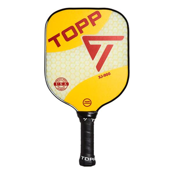 Front view of a yellow TOPP XJ-900 pickleball paddle with a red T logo and USA stamp.