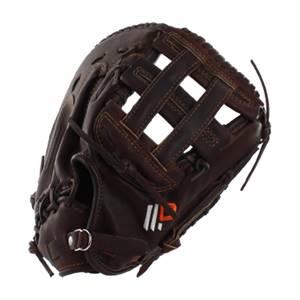 Side view of a brown baseball glove with a lattice web and adjustable strap.