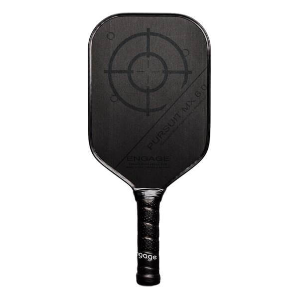 Front view of a black pickleball paddle with a target design, PURSUIT MX 6.0, and ENGAGE text.