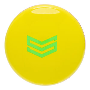 Top-down view of a yellow baseball bat end cap with a neon green stylized S logo in the center.