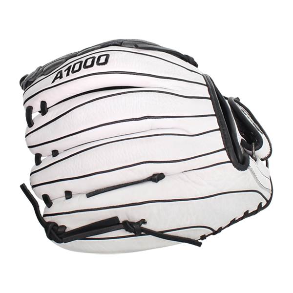 Top-down view of a white softball glove with black pinstripes and A1000 branding.