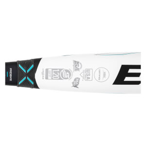 Close-up side view of a white softball bat with a black grip, blue X-accents, and certification stamps next to a large black E.