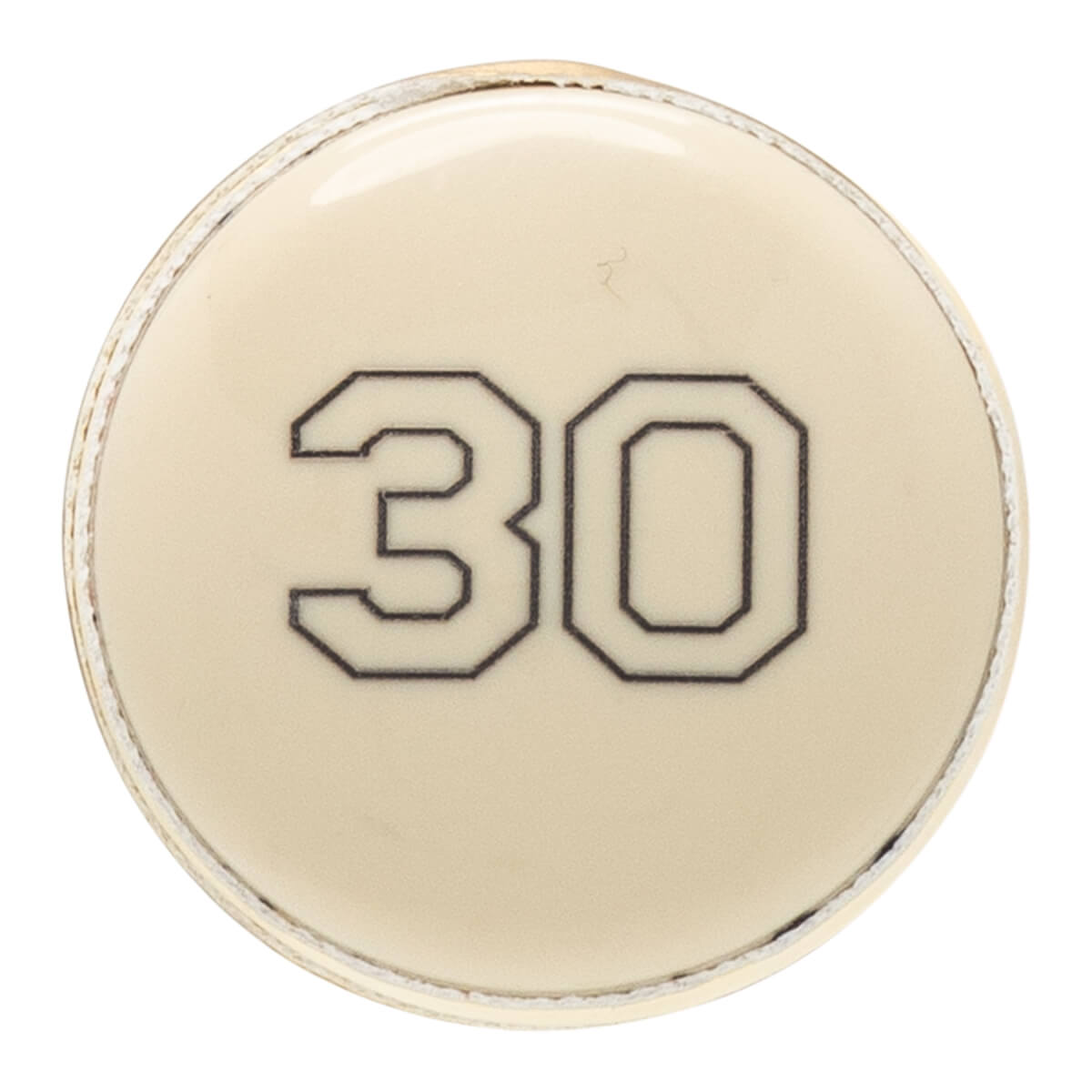 Top-down view of a cream baseball bat end cap with a black outlined 30 and a defined edge.