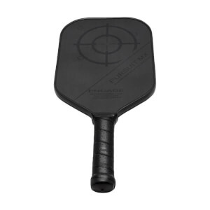 Front view of a black pickleball paddle with a target design, PURSUIT MX, and ENGAGE branding.