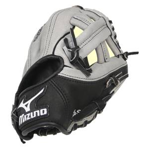 Corner view of a black and gray youth baseball glove with Mizuno logo and adjustable strap.
