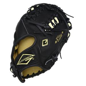 Top-down view of a black baseball glove with gold Elite text and Glovesmith logo.
