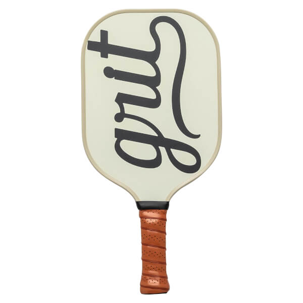 Front view of a cream pickleball paddle with black grit text and a brown grip.