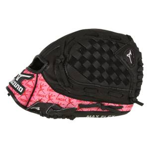 Side view of a black youth softball glove with pink FINCH graphic lining and a checkered web.