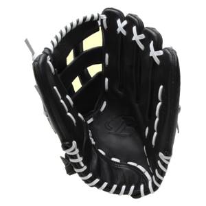 Top-down view of a black baseball glove with white lacing and a B logo.