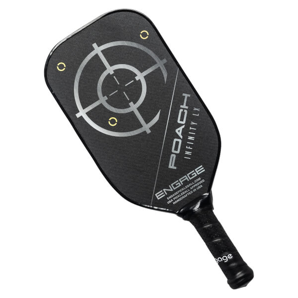 Top-down view of a black pickleball paddle with a target design and POACH INFINITY LX text.