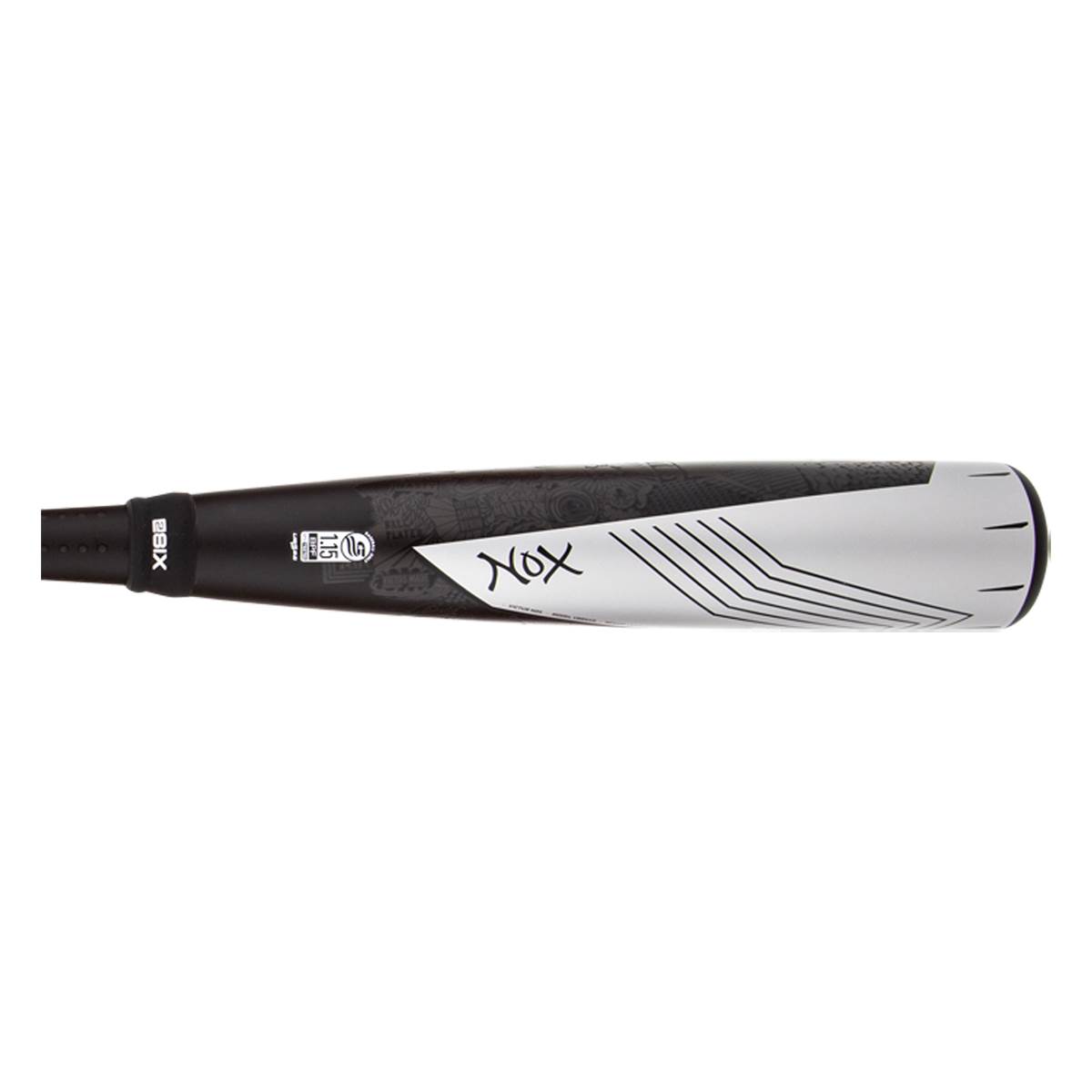 Side view of a black and white baseball bat with NOX text and diagonal line graphics.