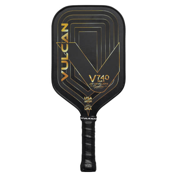 Front view of a black Vulcan V740 Max pickleball paddle with gold geometric lines and USA branding.