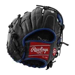 Front view of a black baseball glove with a red Rawlings logo and blue trim.