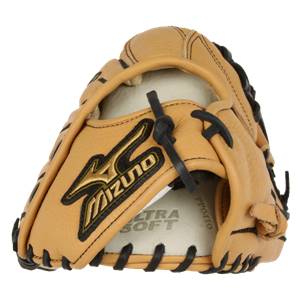 Top-down view of a tan baseball glove with black Mizuno branding and ULTRA SOFT text.
