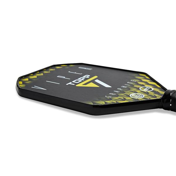 Side view of a black pickleball paddle with yellow geometric accents, a white TOPP logo, and GRAPHITE text.
