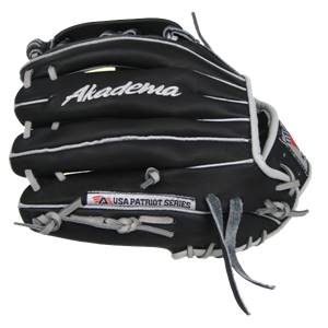 Side view of a black baseball glove with white stitching, Akadema logo, and USA PATRIOT SERIES label.