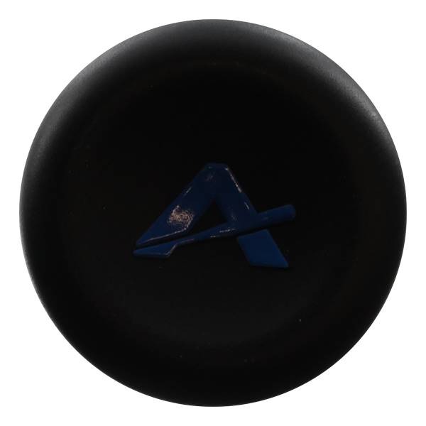 Top-down view of a black baseball bat end cap with a blue A logo.
