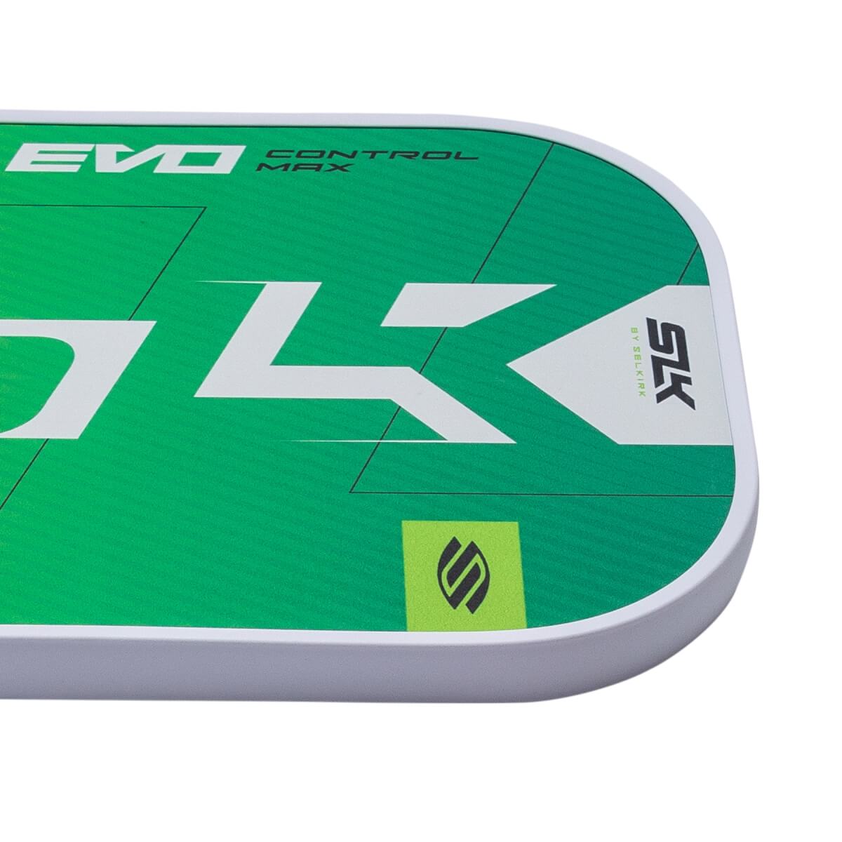Corner view of a green pickleball paddle with white SLK and EVO CONTROL MAX branding.