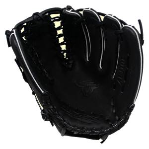 Interior view of a black baseball glove with white stitching and a bull logo.
