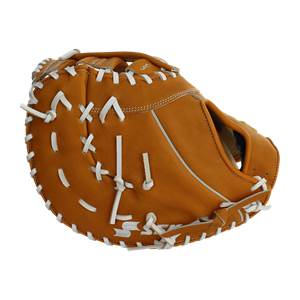 Side view of a tan first base mitt with white lacing and a deep pocket.