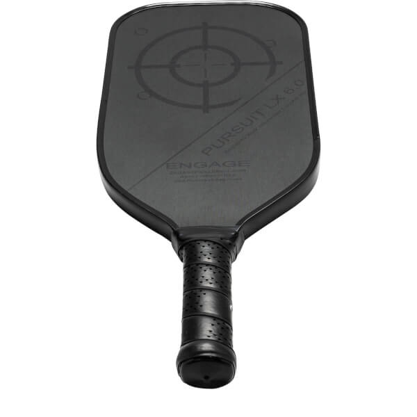 Top-down view of a black pickleball paddle with a target design, PURSUIT LX 6.0 text, and ENGAGE logo.