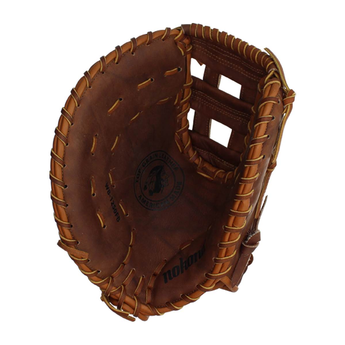 Top-down view of a brown baseball glove with visible nokona branding and a circular logo.