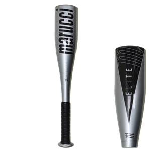 Front view of a silver baseball bat with black marucci text and a black grip.