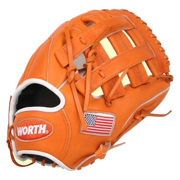 Front view of an orange baseball glove with white trim, WORTH logo, and an American flag patch.