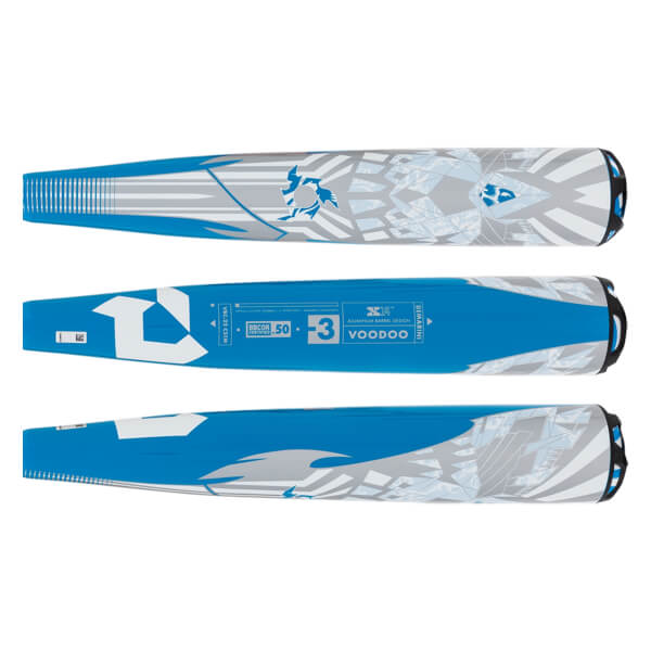 Top-down view of a blue baseball bat with white DeMarini logo and VOODOO text.