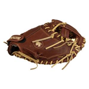Corner view of a brown catchers mitt with tan lacing and a perforated palm.