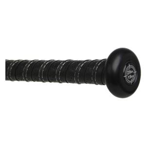 Close-up of the black grip on a youth baseball bat with 29in 19oz printed on the end cap.