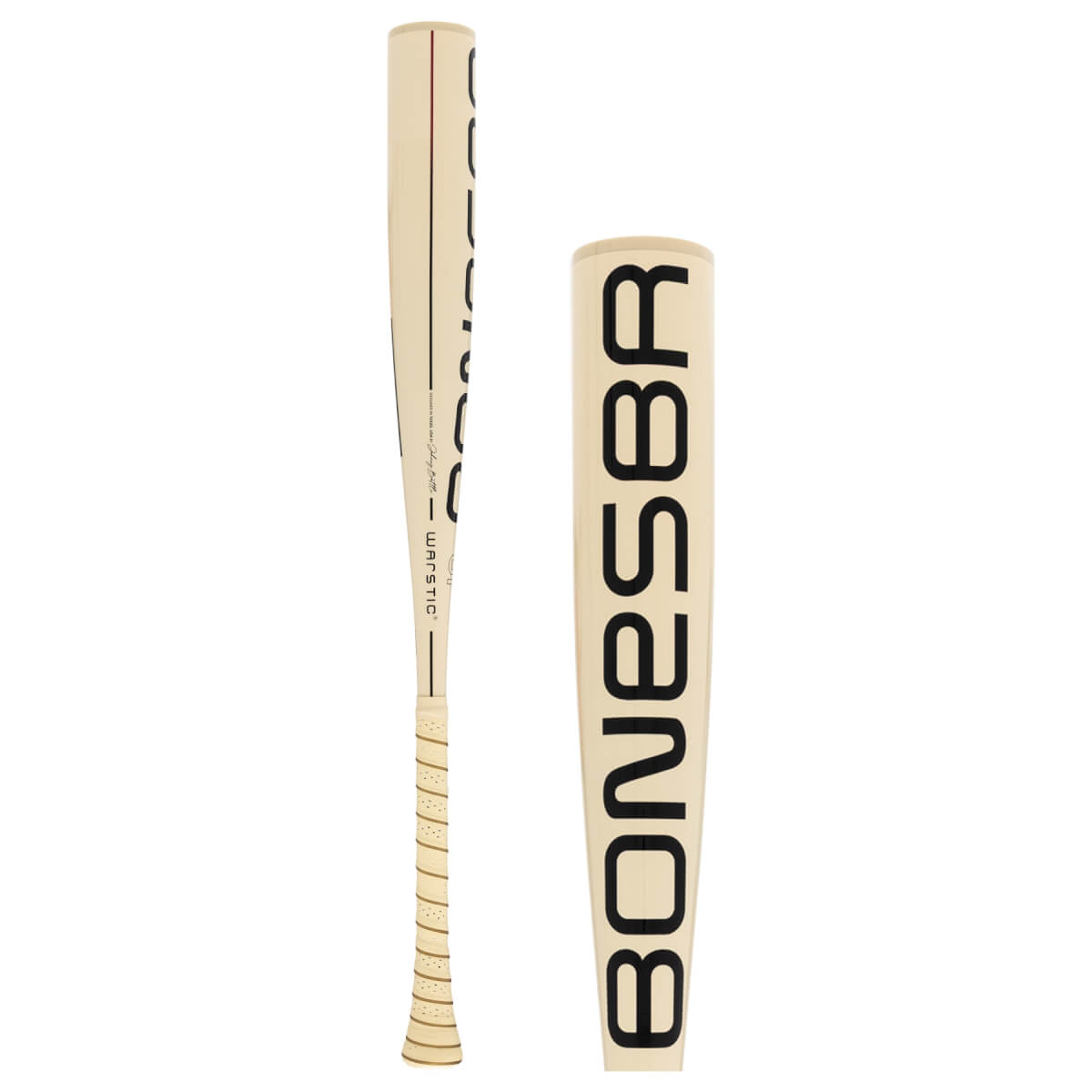 Side view of a cream baseball bat with a textured grip and WARSTIC on the handle, plus a close-up of the barrel showing BONESABER.