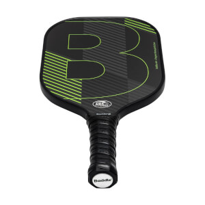 Front view of a black pickleball paddle with a large green B logo and Baddle on the grip.